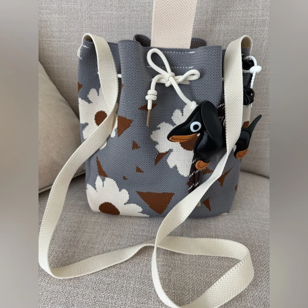 New Blue, Mocha & Flowers Woven Bucket Bag Handbag Purse w/ Dachshund Charm